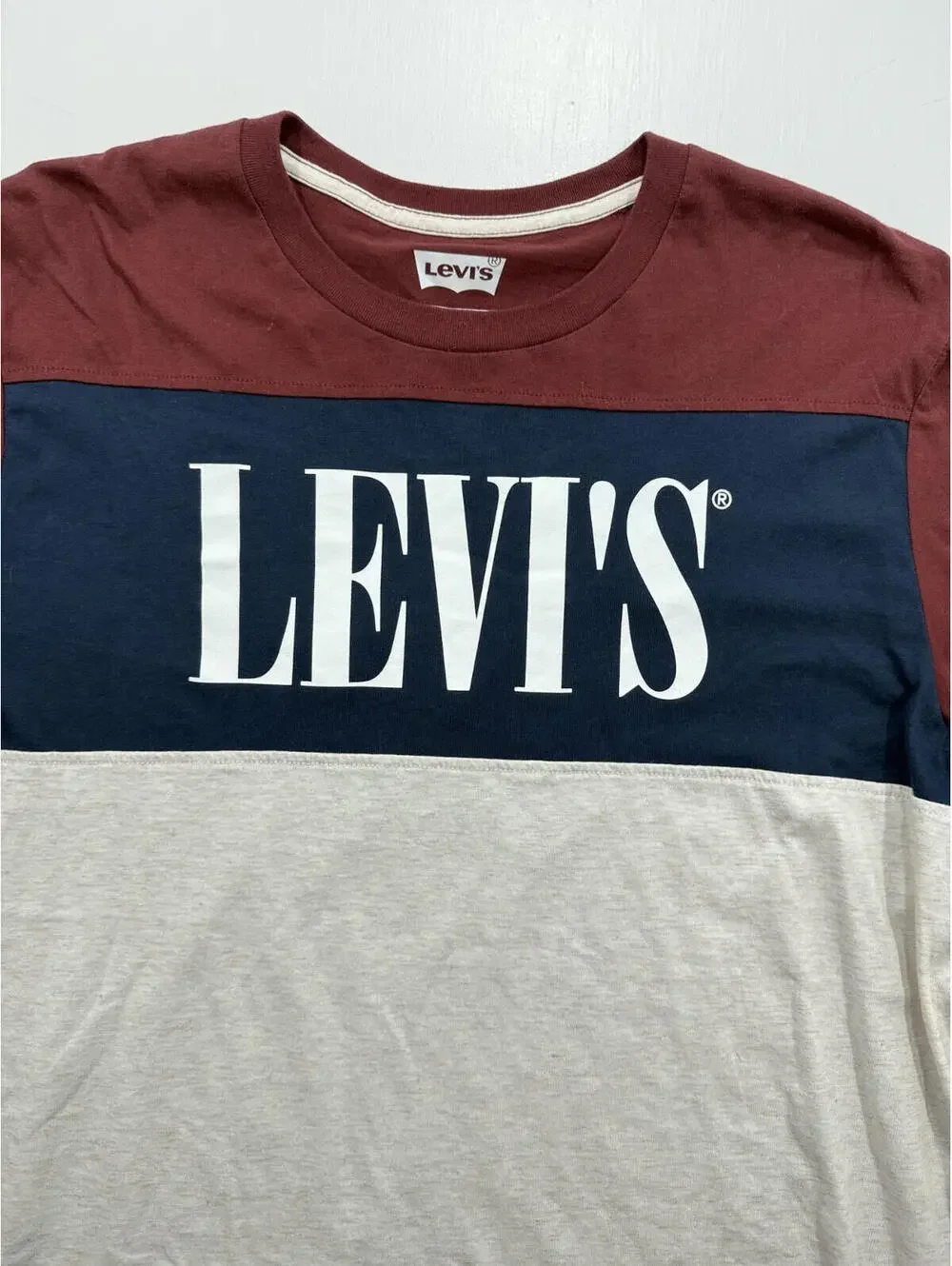 Levi’s Shirt Mens Large Burgundy Navy Colorblock Long Sleeve Logo Crewneck Tee